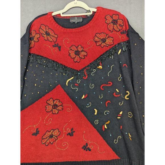 Carole Little Sweater Women's Large Red Black Breaded Fringe Embroidered Vintage - Picture 3 of 8